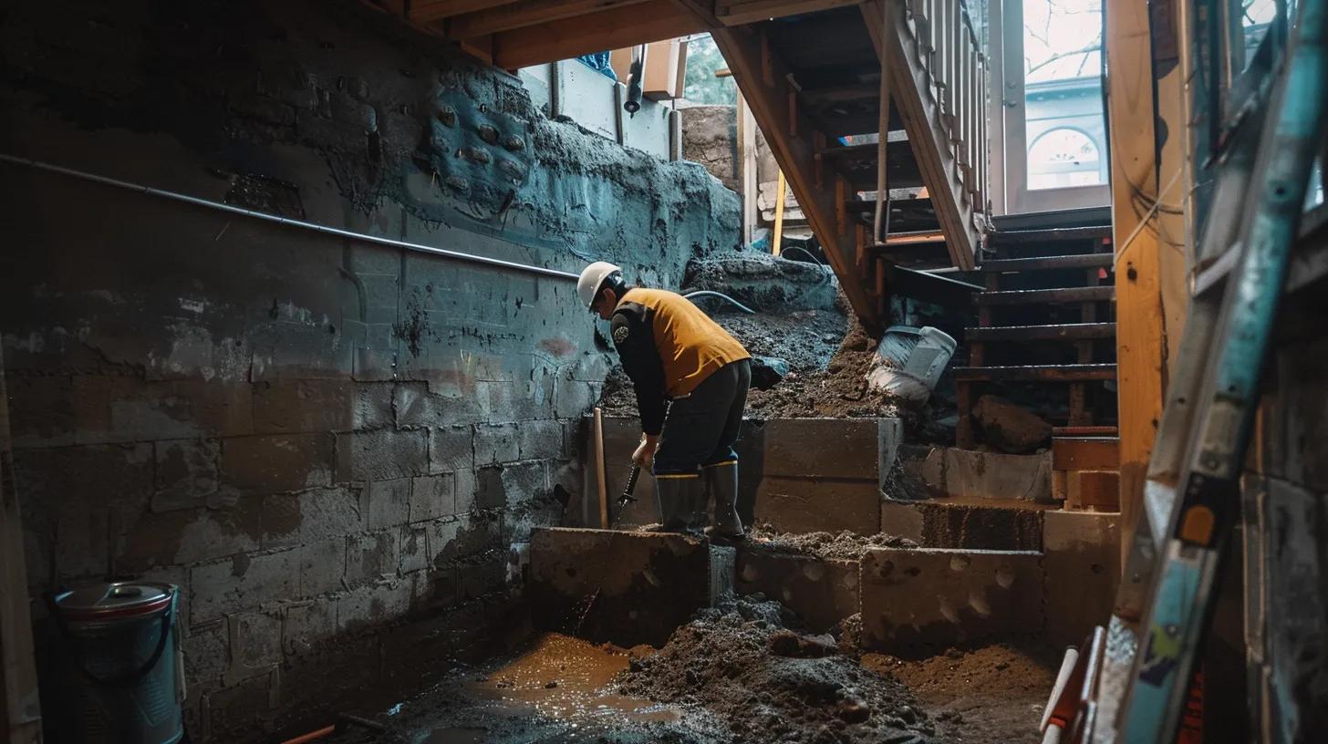 a well-lit residential basement showcases the waterproofing process with exposed concrete walls, as a contractor in safety gear expertly seals cracks with hydraulic cement while another installs a french drain, emphasizing the importance of protecting property investments in pittsburgh.