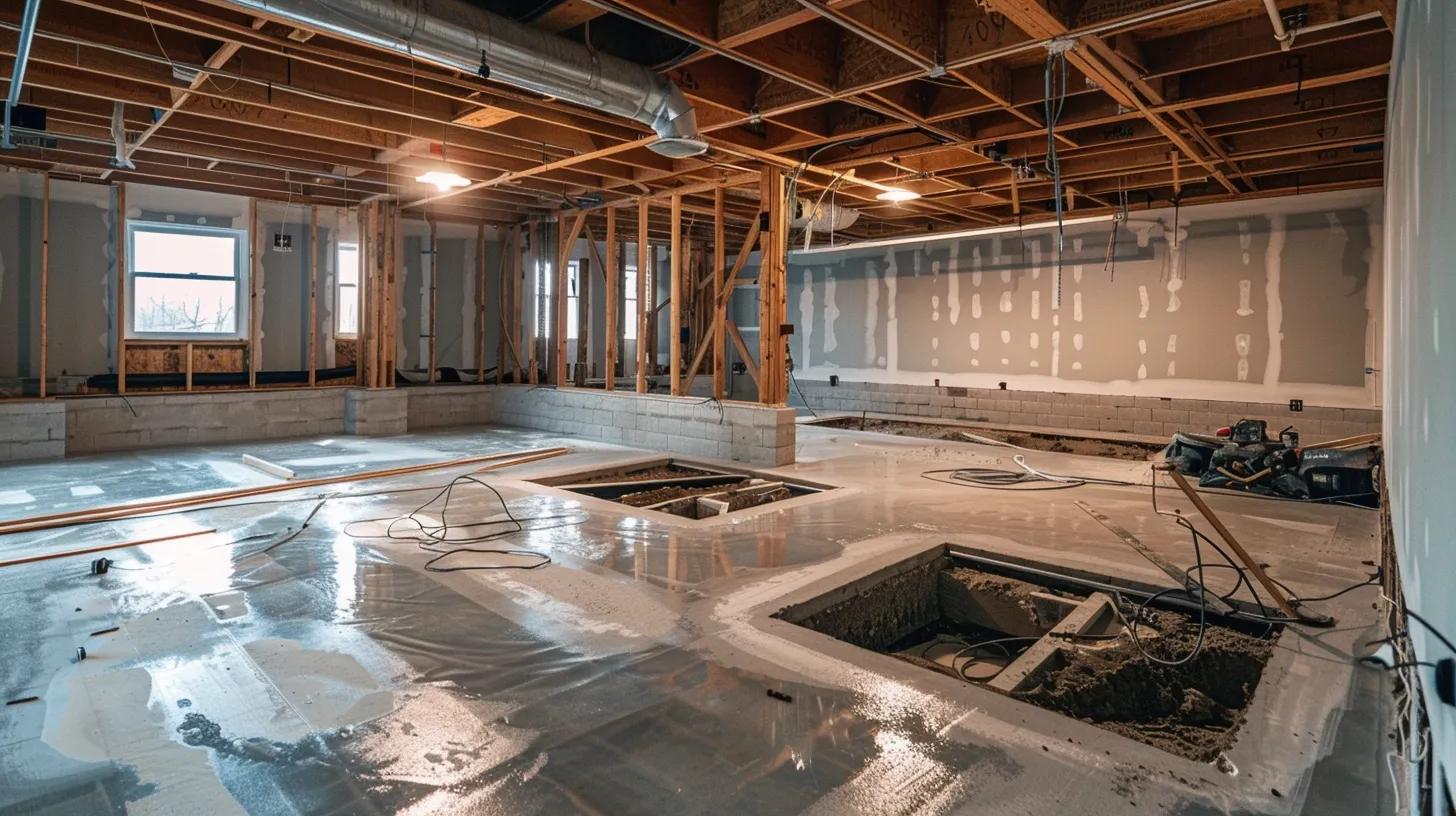 a well-lit basement showcases a professional waterproofing process, with bright hydraulic cement being applied to cracks in the exposed concrete walls and a french drain being installed around the perimeter, emphasizing the effective management of groundwater intrusion and the creation of a safe, dry space.