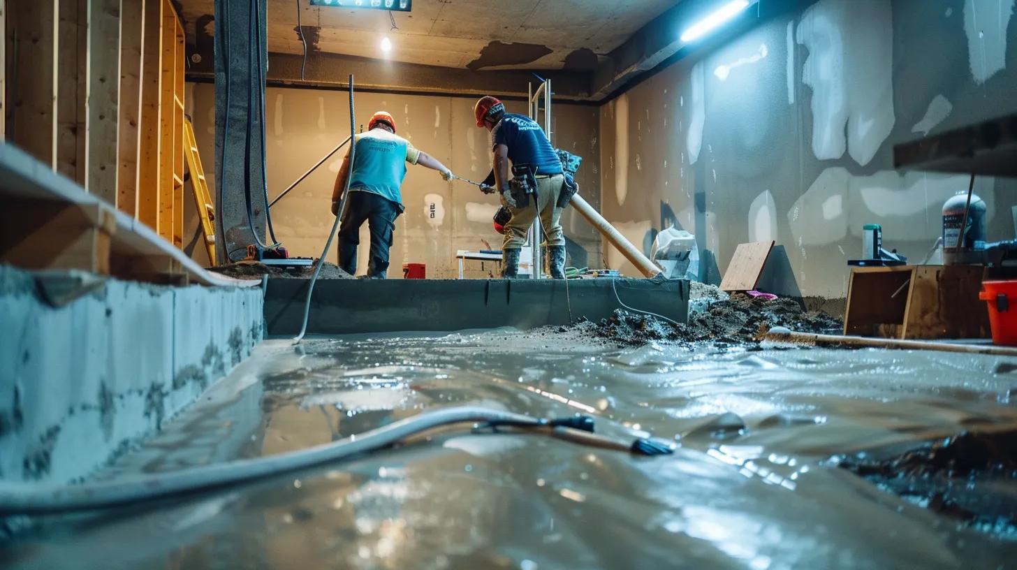 a well-lit basement showcases a professional waterproofing process, featuring exposed concrete walls and flooring as a contractor in safety gear methodically seals cracks with hydraulic cement while another installs a french drain, all set in a clean, organized workspace.
