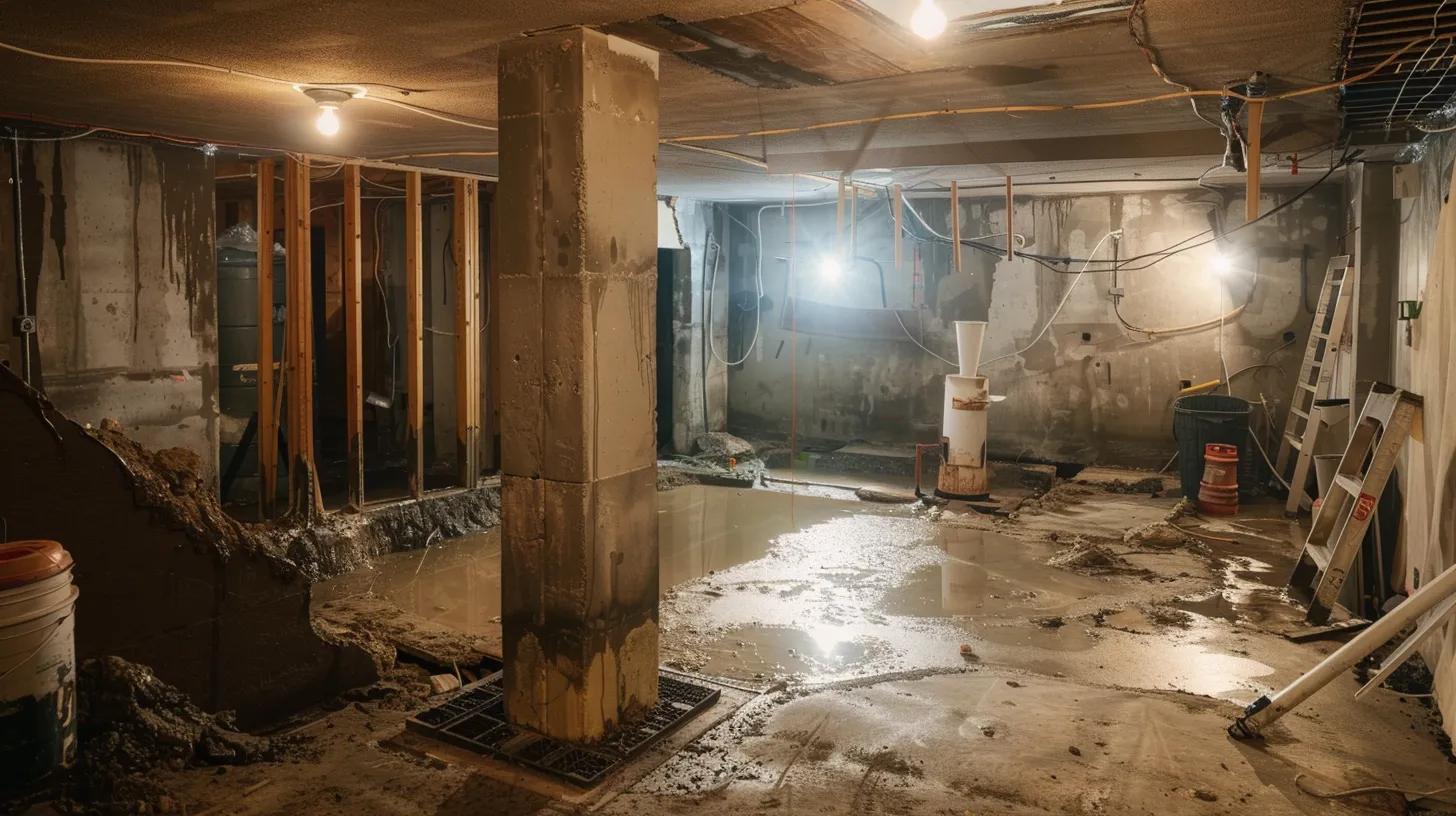 a well-lit residential basement showcases a contractor applying waterproofing membranes to exposed concrete walls, while another installs a french drain along the perimeter, emphasizing the critical process of safeguarding homes against water damage in pittsburgh's heavy rainfall environment.
