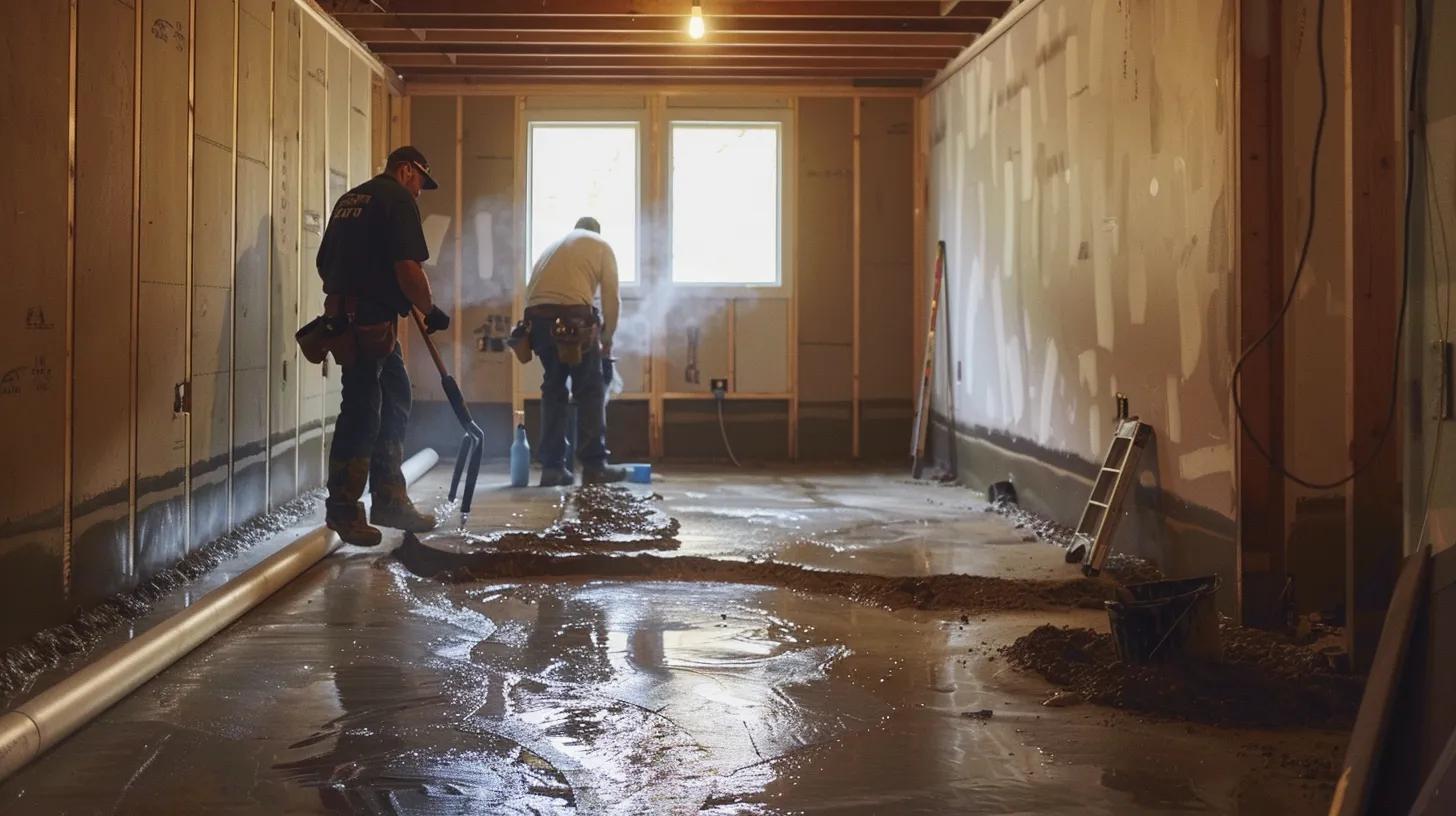 a well-lit residential basement showcases the waterproofing process, featuring exposed concrete walls and flooring, as a contractor in safety gear meticulously applies hydraulic cement to cracks while another installs a french drain, highlighting the commitment to protection against water damage.
