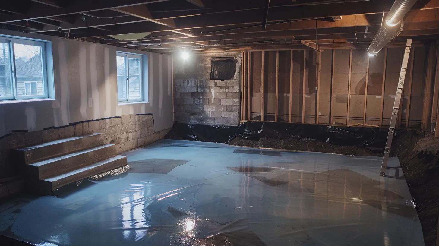 a well-lit basement showcases a professional waterproofing process, featuring exposed concrete walls as contractors efficiently apply waterproof membranes and install a french drain, ensuring optimal protection against pittsburgh's weather challenges.