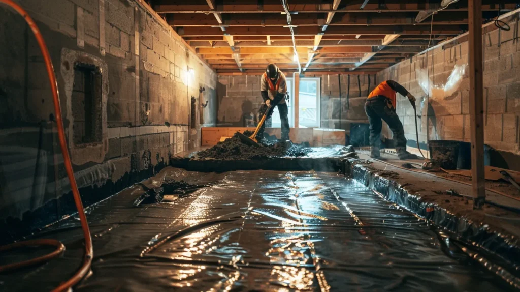 a focused scene in a well-lit basement shows a contractor in safety gear diligently applying waterproofing membranes to exposed concrete walls while another installs a french drain, highlighting the meticulous process of basement leak detection and prevention.