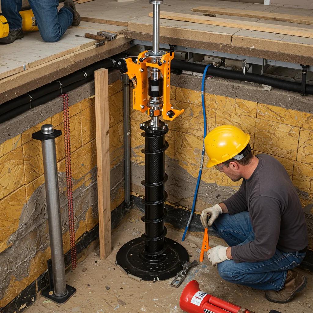 Advanced foundation repair techniques being applied in a Pittsburgh home, showcasing carbon fiber reinforcement and helical piers