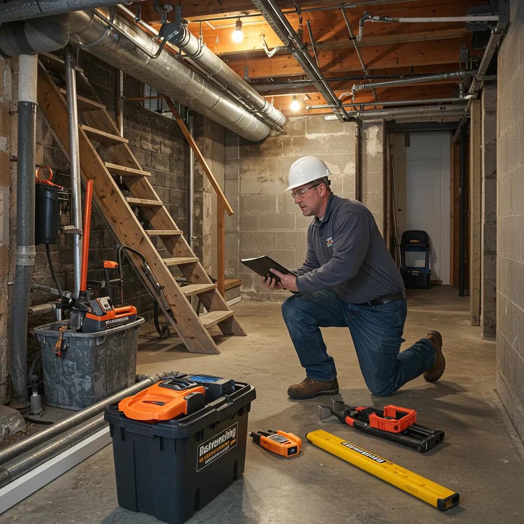 Professional basement waterproofing service in Pittsburgh, showcasing a technician inspecting a basement for water damage